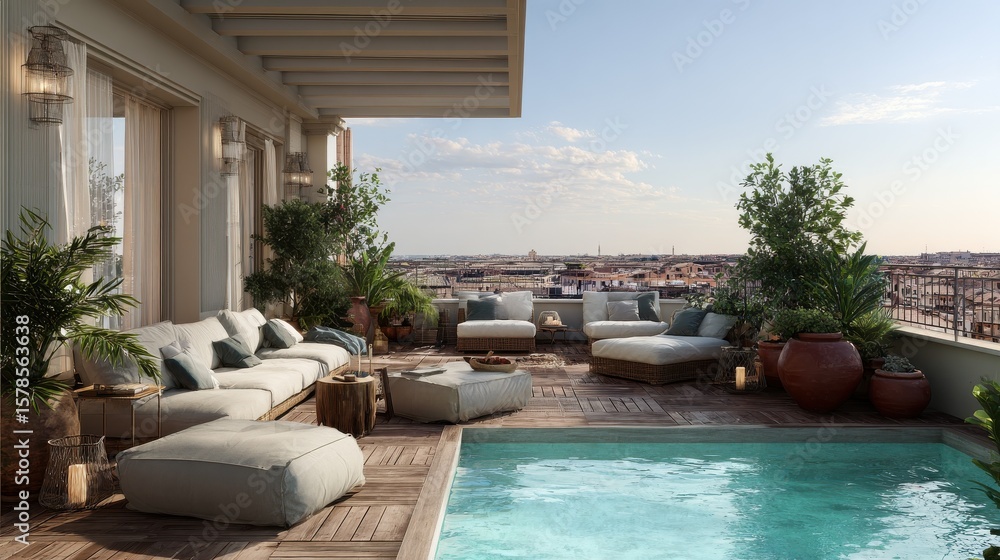 Fototapeta premium Impressive penthouse terrace with a swimming pool overlooking Rome