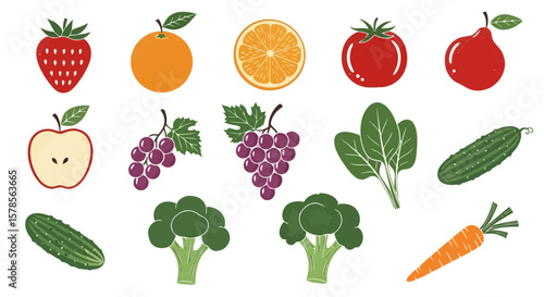 Colorful Fruits and Vegetables Flat Lay Illustration