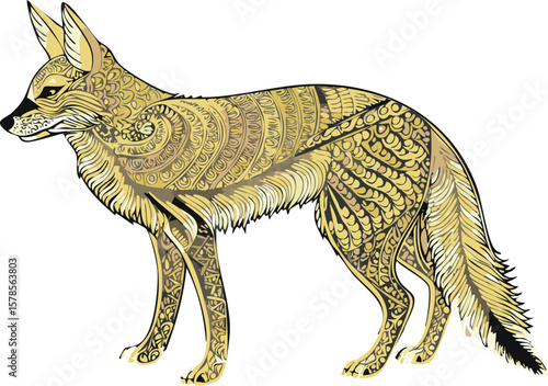 Golden jackal walking with head lowered and ears alert, illustrated in a stylized and realistic manner.