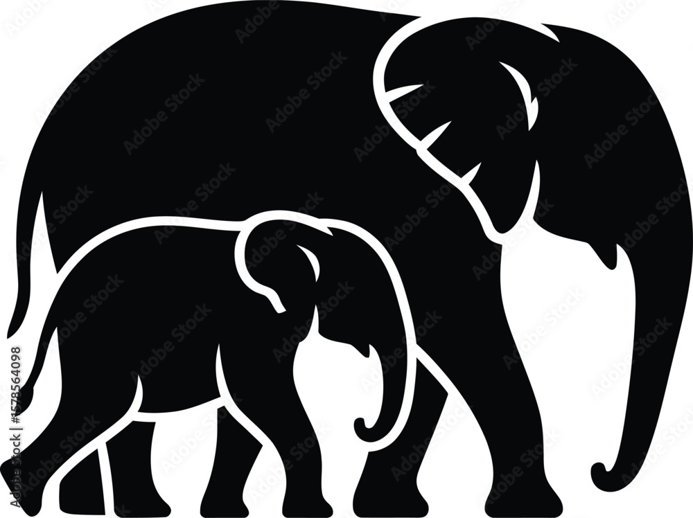 Obraz premium Elephant Family Walking Together Black Silhouette Illustration on White Background silhouette