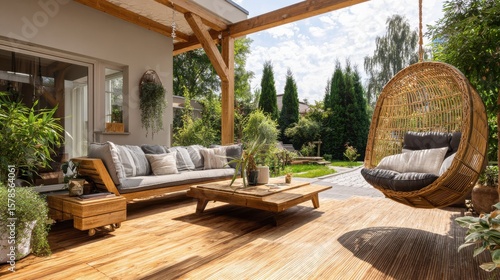 Spacious terrace with stylish garden furniture and wooden garden swing, no logos, no brands