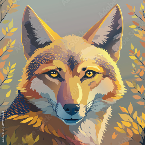 Golden jackal illustration with realistic anatomy and stylized golden coat for biodiversity awareness.