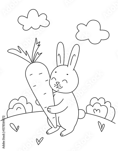 Simple silhouette of cartoon rabbit with large carrot. Primitive drawing of an animal in glade. Cute coloring book for small children vector illustration.