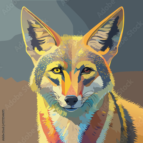 Golden jackal depicted in profile with golden patterns and black-tipped tail for nature campaigns.