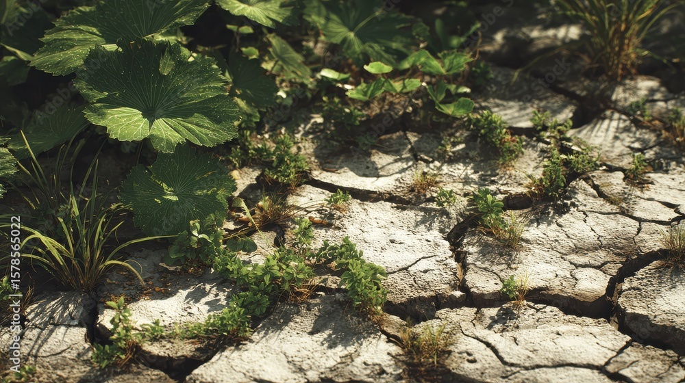 Obraz premium Green Plants and Cracked Dry Soil - Nature Contrast - Close-Up