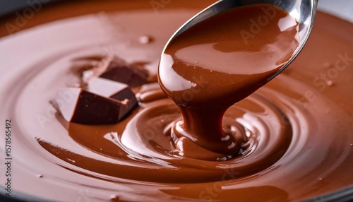 Melted chocolate swirls in a bowl, spoon pouring