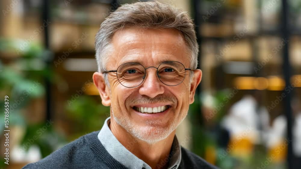 Smiling older man with glasses in a modern indoor setting enjoying time with friends Smiling older man with glasses in a modern indoor setting enjoying time with friends