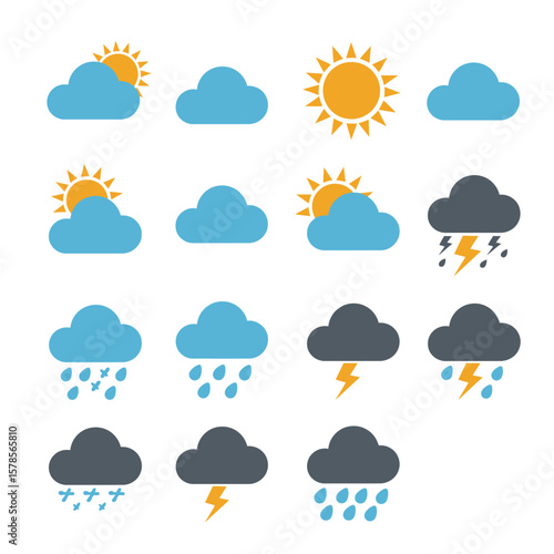 Collection of simple, flat design weather icons including sun, clouds, rain, and thunderstorms for forecasting and meteorology.