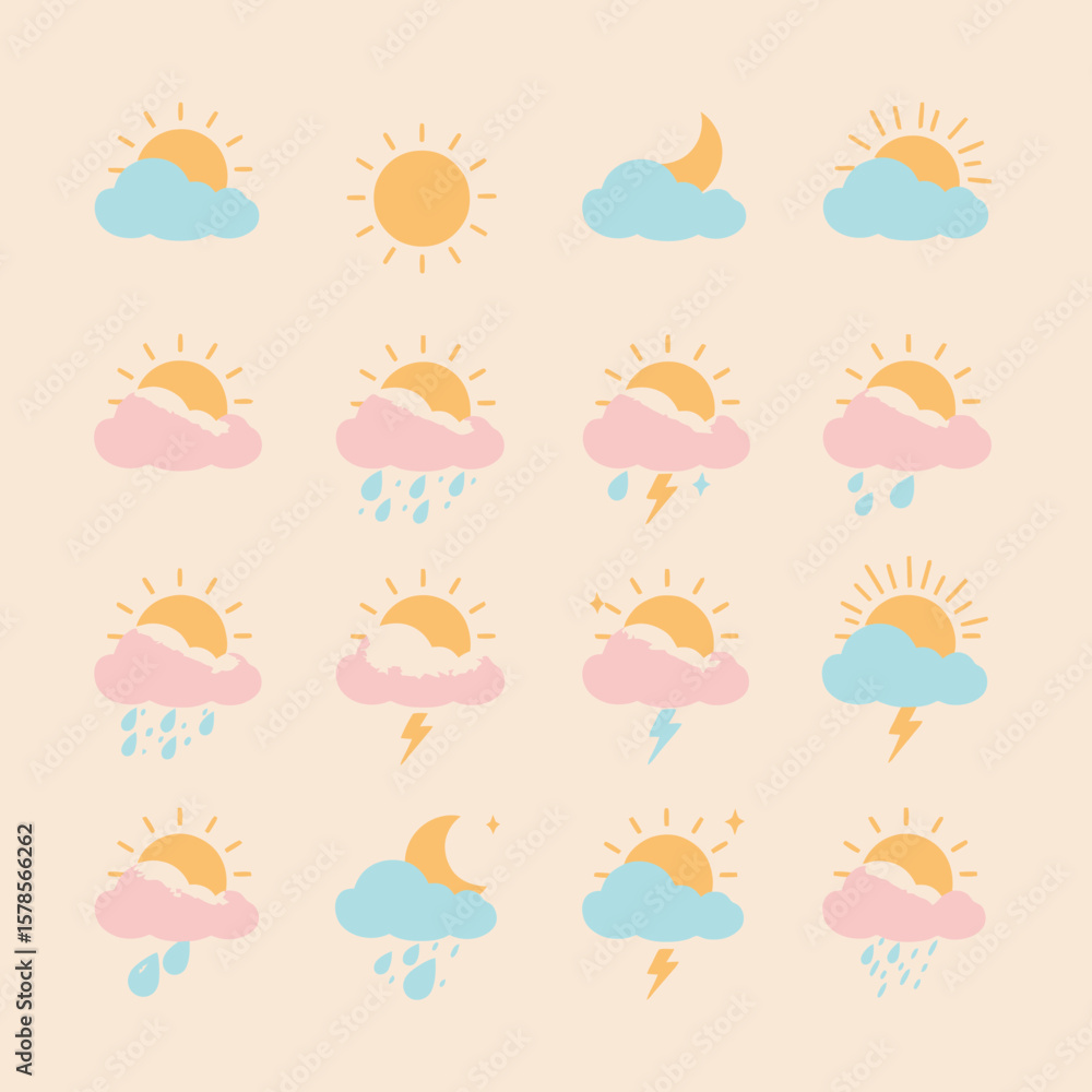 A collection of whimsical weather icons in a soft pastel color palette, featuring sun, clouds, rain, and lightning, perfect for design projects. A collection of whimsical weather icons in a soft pastel color palette, featuring sun, clouds, rain, and lightning, perfect for design projects.