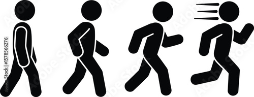Human Motion Progression: Walking, Running, Speed, Movement Silhouette Vector Set