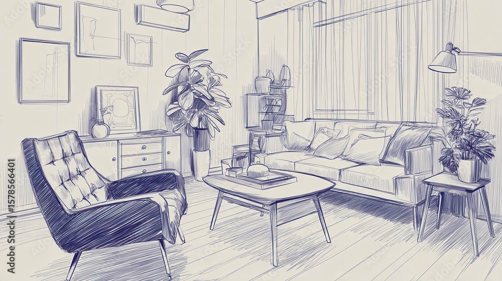 Fototapeta premium Interior design landing page. sketch of living room. Hand drawn furniture, no logos, no brands
