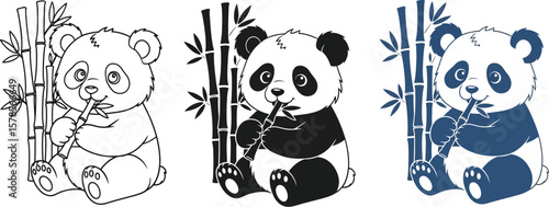 Cute panda bear eating bamboo vector illustration for coloring book pages and design elements isolated set