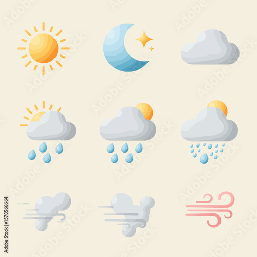 A vibrant collection of weather icons, including the sun, moon, clouds, and rain, designed in a colorful and illustrative style for a variety of uses.