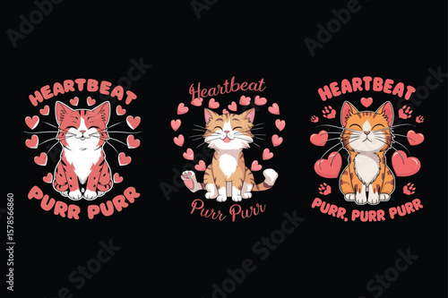 Adorable cats with hearts and purring text kitten feline