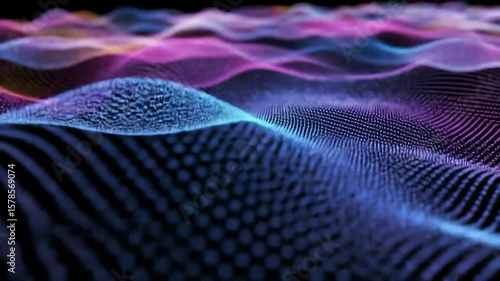 Neon mesh waves undulating and pulsing in glowing digital space, seamless 8-second animation