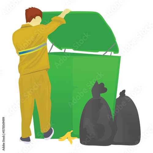 garbage man working while opening trash bin