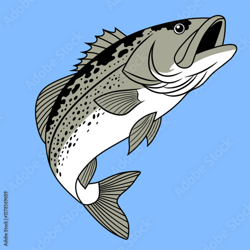 Illustration of a croaker fish leaping in vibrant blue background. Perfect for fishing themes, marine life education, or kids cartoon style sea animal collections.
