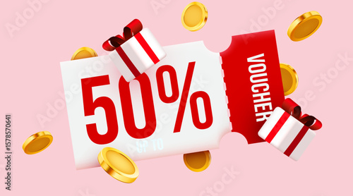 3d coupon with golden present boxes. Special giveaway with coupons or voucher, percentage off. Gift voucher template. Vector illustration