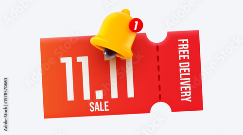 3d coupon with notification bell. Special giveaway with coupons or voucher, percentage off. Shopping day. Vector illustration