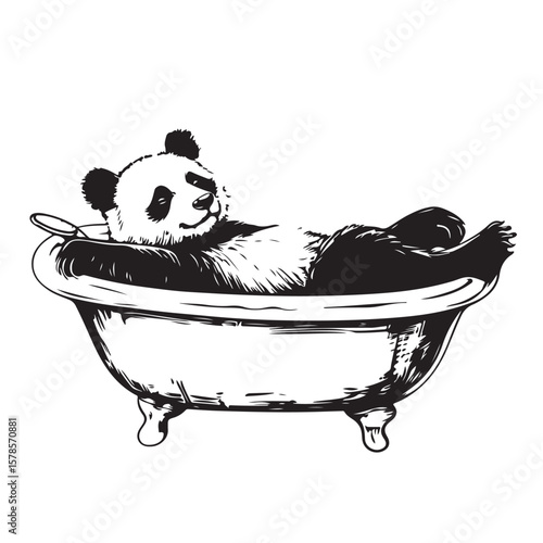 Cute panda taking bubble bath in bathtub image vector on transparent background.