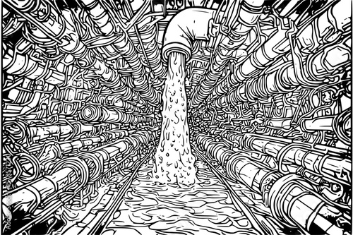 highly complex drawing of a complex industrial pipeline system with a central pipe releasing liquid or gas into a tunnel surrounded by numerous interconnected pipes.