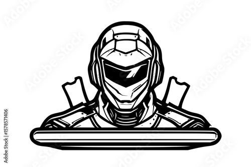 iconic drawing of a futuristic helmeted figure, resembling a soldier or astronaut.