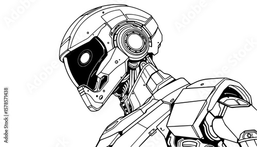 drawing of a futuristic robot with a humanoid skull-like head and mechanical features
