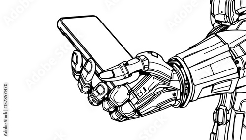 a robotic hand holding a smartphone, depicted in a clean, minimalist style with emphasis on the mechanical details of the hand.