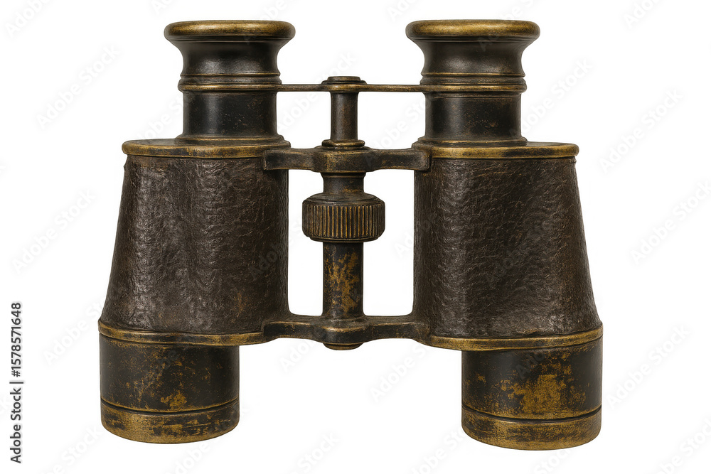 Fototapeta premium Antique binoculars with worn leather and brass, showing signs of age and use, isolated on a transparent background
