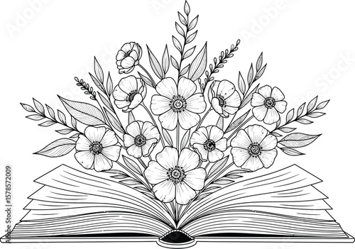 Book with flowers drawing vector illustration line art design for print or coloring page design concept