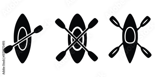 Set of canoe and paddle icons. Kayak with paddles icons, silhouette style on white background.     