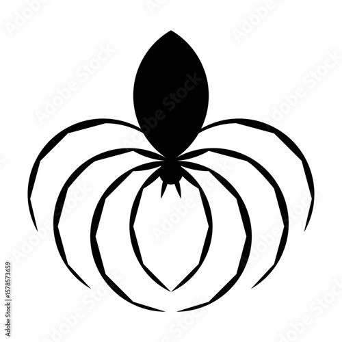 Black spider. Stylized representation of the silhouette of a black spider, showing eight geometrically arranged legs, a round head with fangs, and an oval abdomen, lurking upside down for its prey.