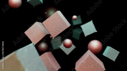 Abstract 3D animation of floating geometric shapes on a dark background