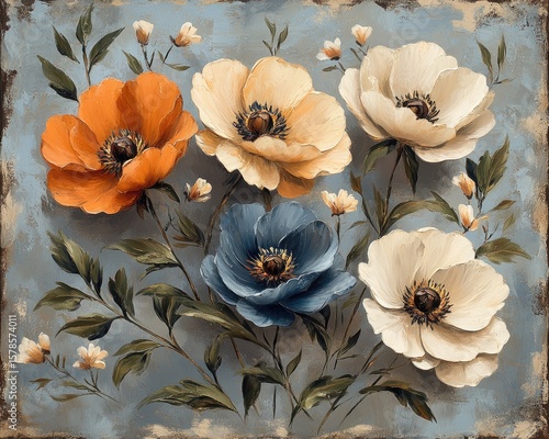 A canvas with orange, cream, blue, white poppies, and green leaves. Use as art print for home decor, card, or creative projects.