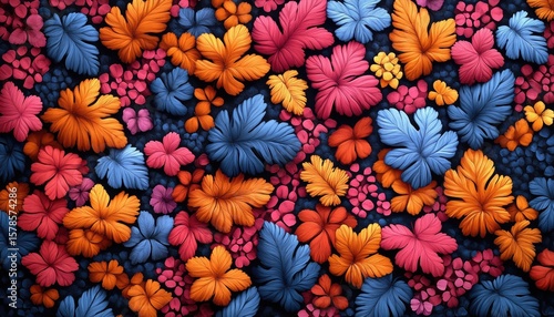 Vibrant leaves and flowers in orange, pink and blue fill the image completely. Use this colorful backdrop for textile prints, posters, or web designs.
