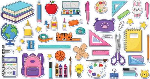 Back to school supplies background with books, backpack, globe and stationery vector illustration