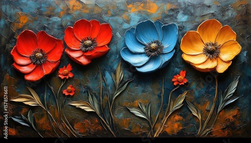 Colorful embossed flower painting with textured leaves on a dark background. Use it for backgrounds, cards, or artistic floral projects.