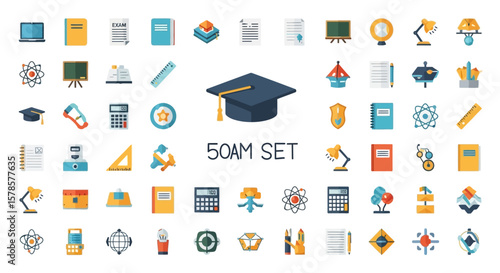 A collection of flat vector icons representing education, science, and learning elements, including books, graduation cap, and scientific equipment.