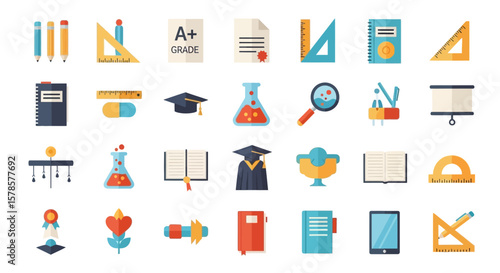 Collection of colorful flat design icons representing various educational and scientific tools.