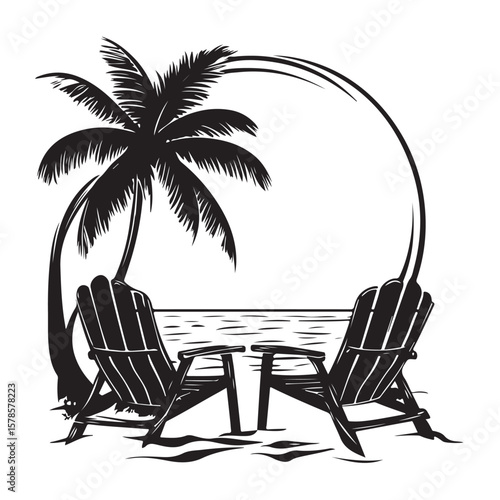 Tropical beach chairs Black and White Stock image vector on transparent background.