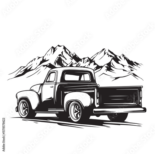 Classic pickup truck in front of mountain range, strong vintage vehicle vector illustration design