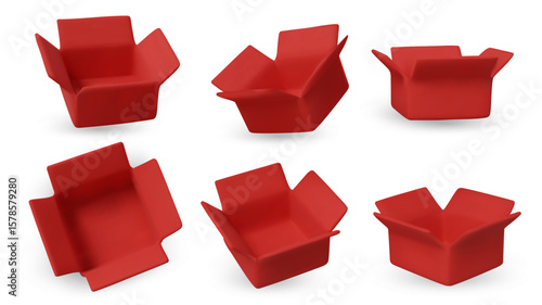 Collection of isometric yellow open boxes on white background. Ideal for delivery, shipping, packaging, and online store visuals.