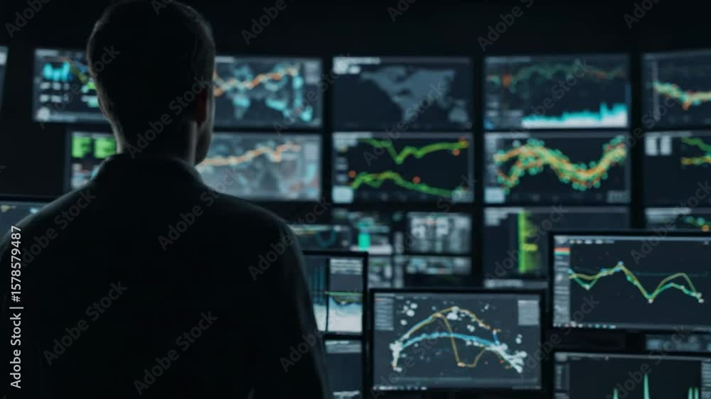 Back View of a Male Data Analyst Looking at a Wall of Screens with Financial Charts and Graphs. Stock Trader Monitoring Real-Time Information in a High-Tech Control Room. Back View of a Male Data Analyst Looking at a Wall of Screens with Financial Charts and Graphs. Stock Trader Monitoring Real-Time Information in a High-Tech Control Room.