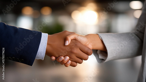 Professional handshake between colleagues in a bright office setting