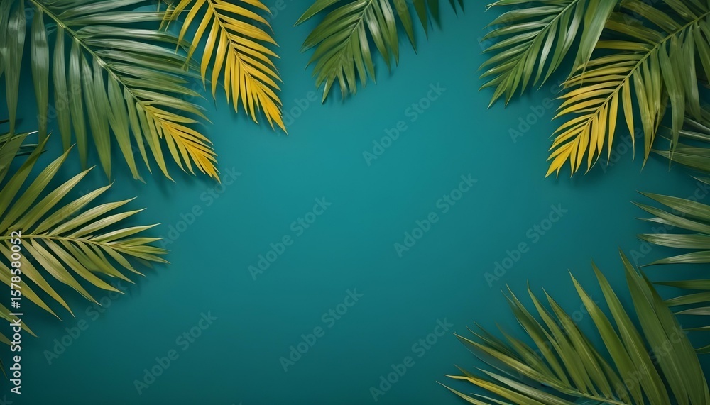 Naklejka premium Palm leaves form a vibrant border on a teal background.