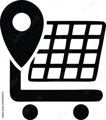 Icon representing a shopping cart with a location pin symbolizing local shopping or finding stores