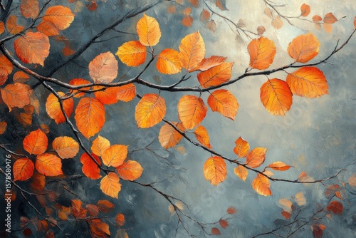 Orange leaves and twigs on gray painted canvas with visible brushstrokes. Perfect for backgrounds, autumn designs, or artistic presentations.