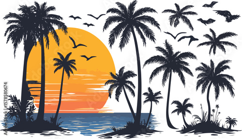Tropical Sunset Silhouette with Palm Trees and Birds Vector Illustration