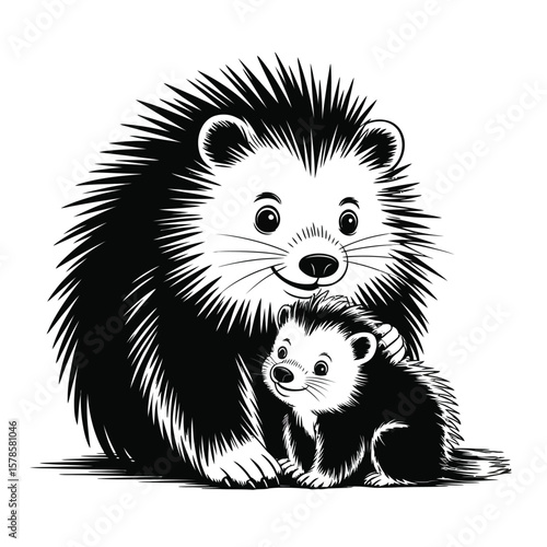 Fluffy porcupine mother and baby leaning together black and white vector