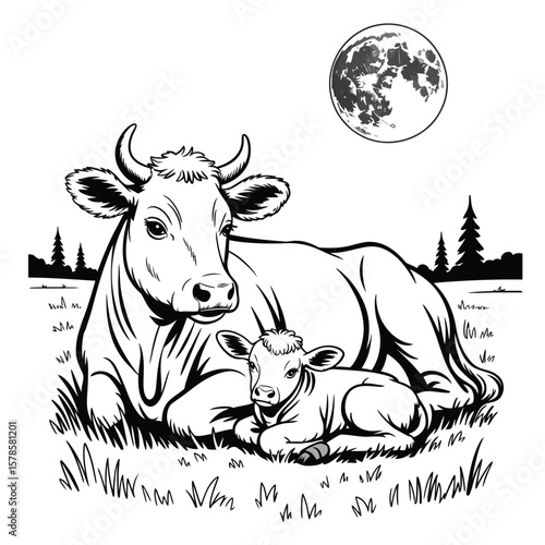 Gentle cow lying peacefully with calf in field under full moon in black and white vector showing calm maternal bond